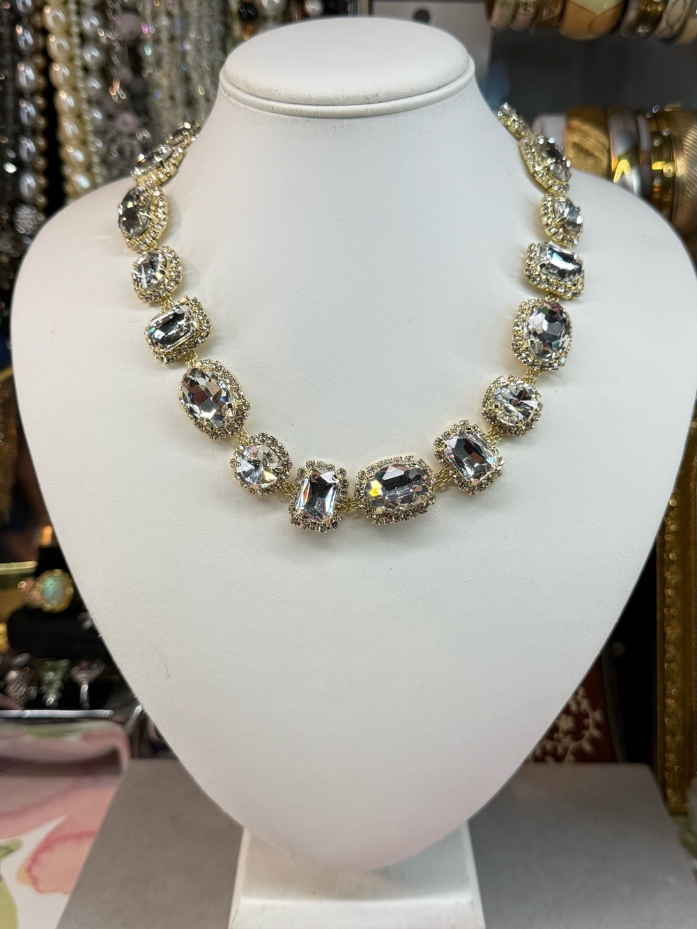 Modern-Gold-Tone Clear Crystal Collar Statement Necklace